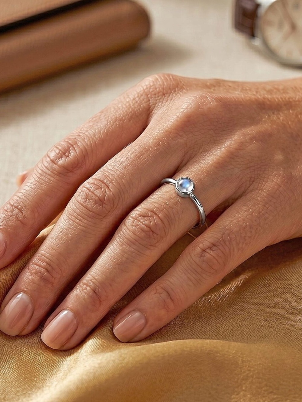 Sterling Silver Rainbow Moonstone Bezel Set Ring - Sterling Silver